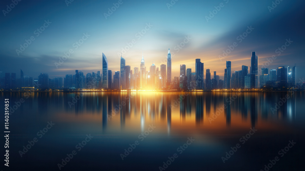 futuristic cityscape with glowing skyscrapers reflecting on calm water at sunset futuristic cityscape with glowing skyscrapers reflecting on calm water at sunset