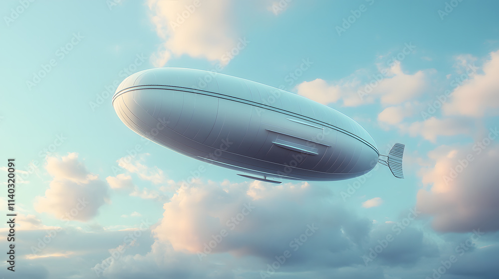 Obraz premium Futuristic airship floating through a cloudy sky with soft sunlight and pastel tones