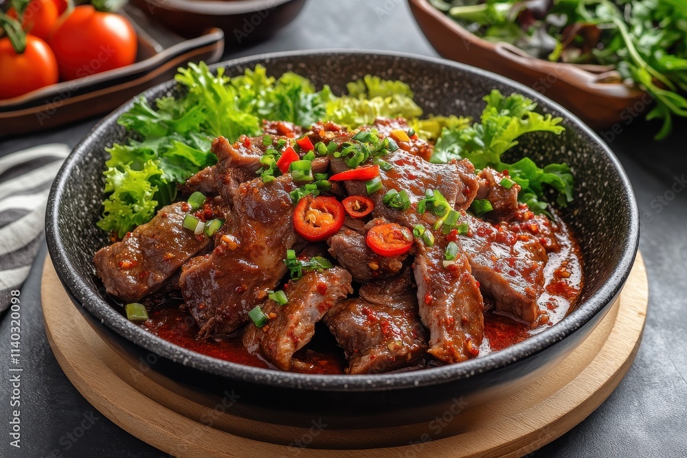 Korean hot pot featuring pork backbone braised pollack chili paste bulgogi vegetables and sides for a healthy meal Korean hot pot featuring pork backbone braised pollack chili paste bulgogi vegetables and sides for a healthy meal