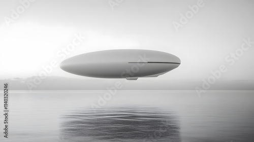 Minimalistic futuristic airship hovering over calm water in a monochromatic landscape