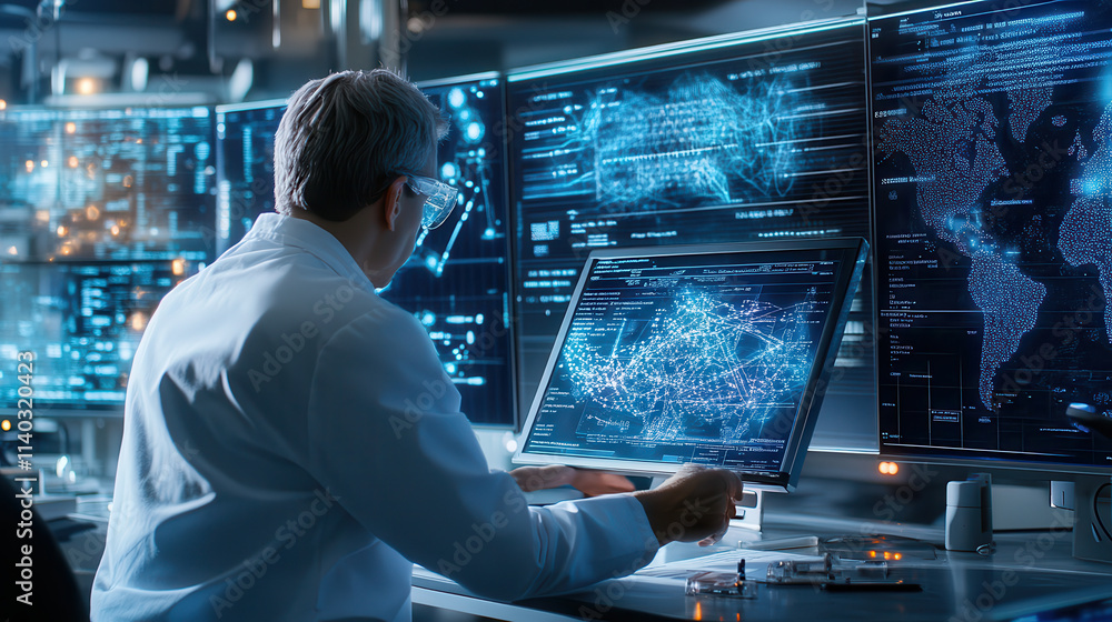 scientist in futuristic laboratory analyzes complex data on multiple digital screens, showcasing advanced technology and innovation scientist in futuristic laboratory analyzes complex data on multiple digital screens, showcasing advanced technology and innovation