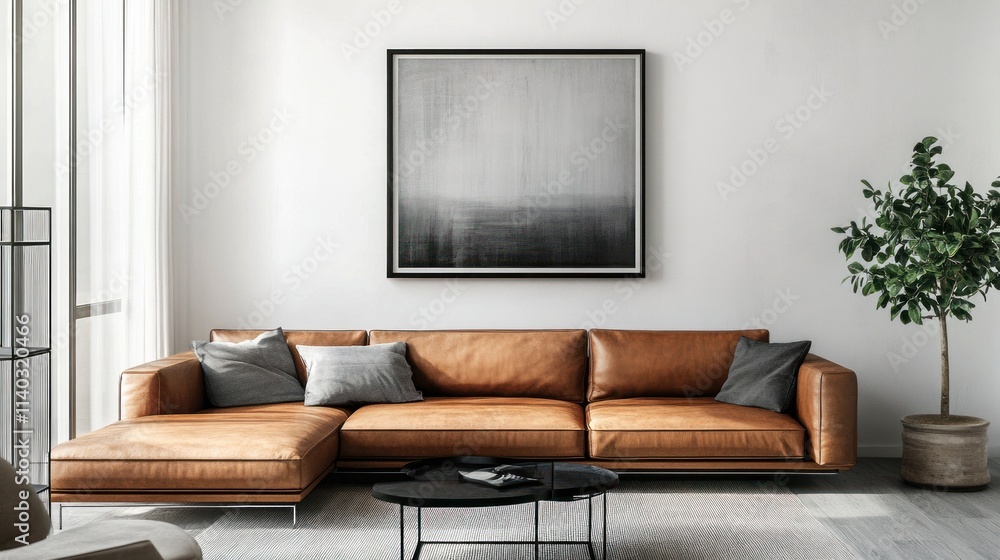 Brown leather sofa, artwork, and plant in bright living room. Brown leather sofa, artwork, and plant in bright living room.