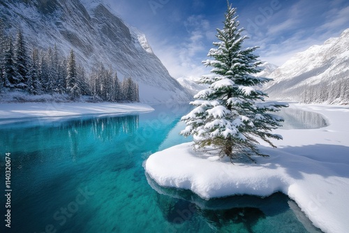 A snowcovered evergreen tree stands on a small island in a crystalclear turquoise lake, surrounded by snowcapped mountains.