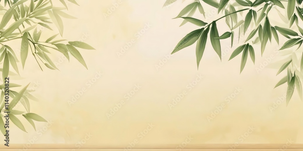 Beige background with green bamboo leaves. Beige background with green bamboo leaves.