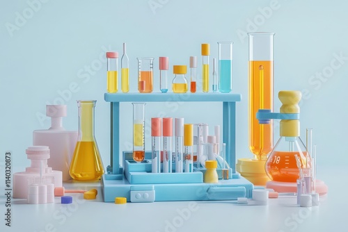 Colorful laboratory equipment arranged on a light background for scientific use.