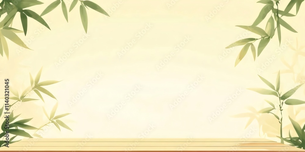 Bamboo leaves frame on beige background with wooden table. Bamboo leaves frame on beige background with wooden table.