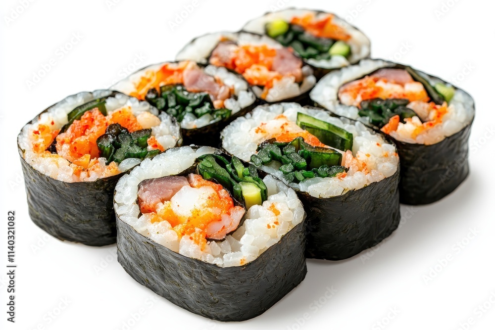 Korean Kimbap and California Maki on a white background featuring rice seaweed shrimp meat and vegetables