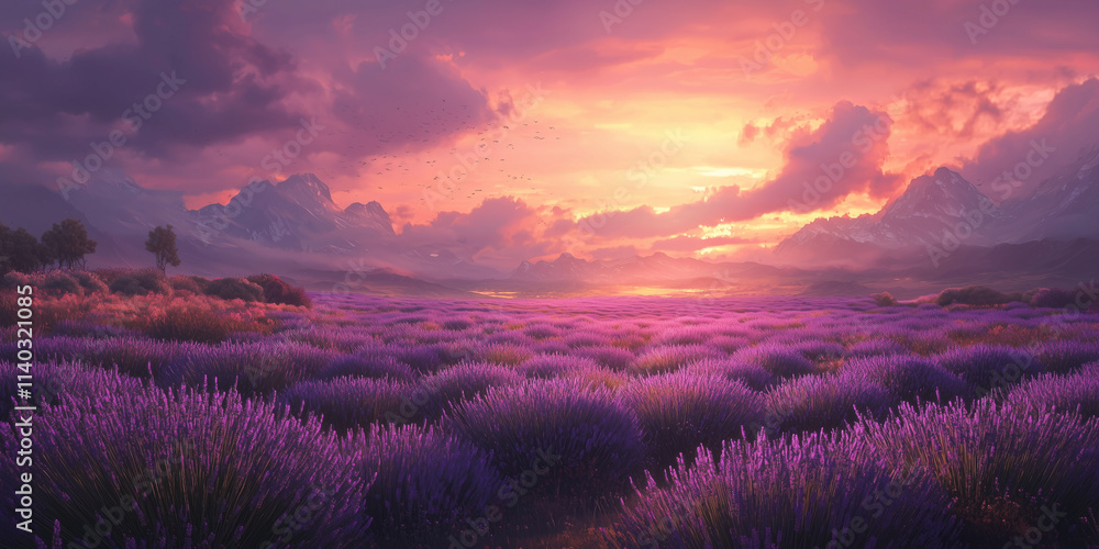 Stunning landscape with lavender field at sunset Stunning landscape with lavender field at sunset