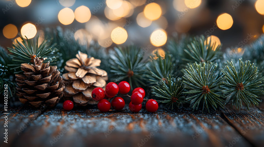 Christmas pinecones, red berries, and evergreen branches on a rustic wooden surface with festive bokeh lights Christmas pinecones, red berries, and evergreen branches on a rustic wooden surface with festive bokeh lights