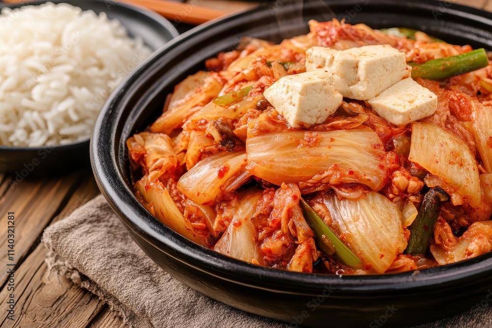 Korean kimchi soup with tofu and mushrooms served in a hot iron pot alongside rice and kimchi on a wooden table Korean kimchi soup with tofu and mushrooms served in a hot iron pot alongside rice and kimchi on a wooden table