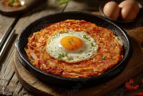 Korean Kimchi pancake or Kimchijeon is a traditional dish made from fried eggs kimchi and flour photo