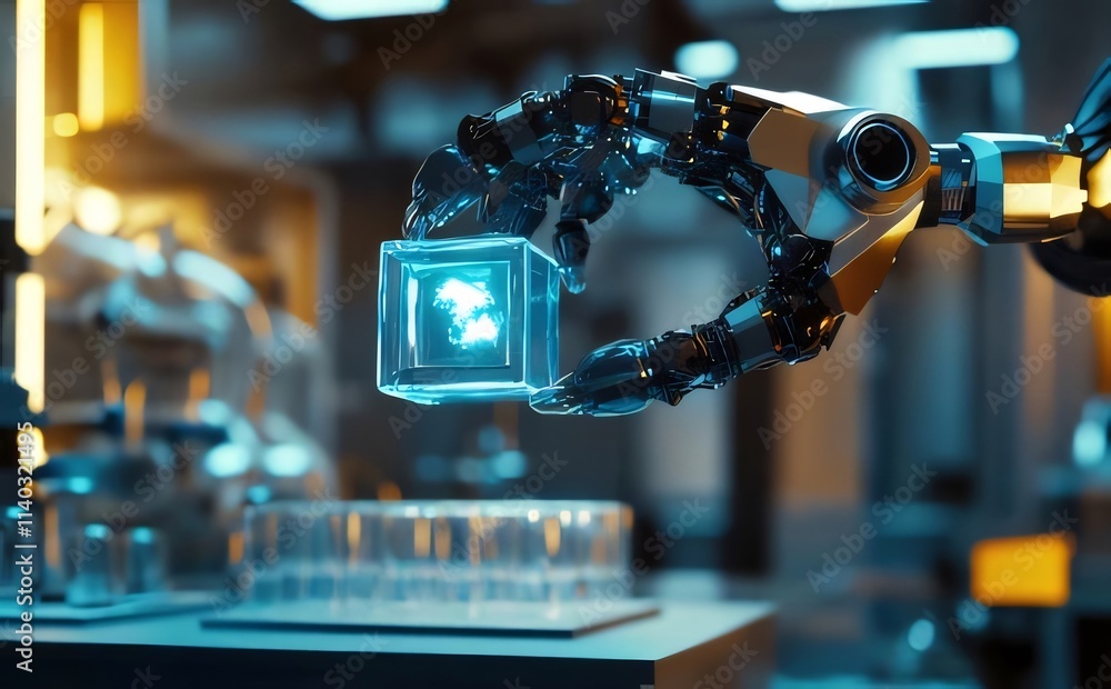 Robotic hand holding glowing cube in futuristic lab. (1) Robotic hand holding glowing cube in futuristic lab. (1)