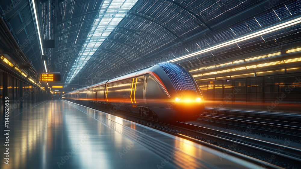 futuristic train station illuminated by sleek lighting, featuring high speed train powered by solar energy under modern glass roof futuristic train station illuminated by sleek lighting, featuring high speed train powered by solar energy under modern glass roof