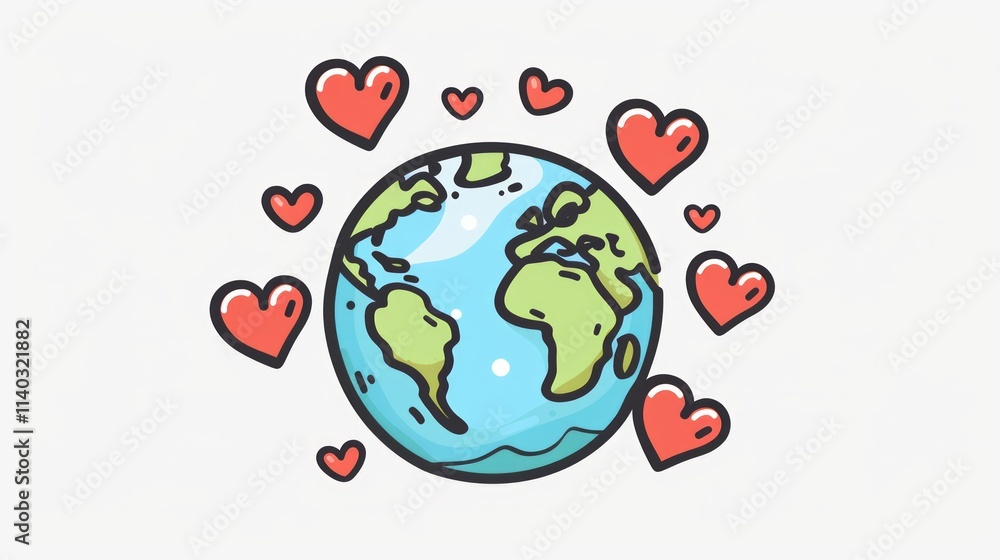 Naklejka premium Icon of Globe with Hearts: Symbolizing global love or care.