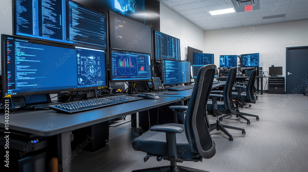 modern control center with multiple monitors displaying data and analytics, featuring ergonomic chairs and high tech environment modern control center with multiple monitors displaying data and analytics, featuring ergonomic chairs and high tech environment