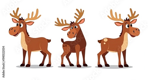 Charming Cartoon Moose Illustration Set Featuring Three Adorable Reindeer Characters on a White Background, Perfect for Kids' Projects and Holiday Designs. photo