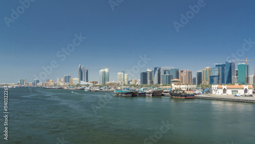 Trading wooden boats in the port timelapse hyperlapse. Merchant ships on the Creek Canal.