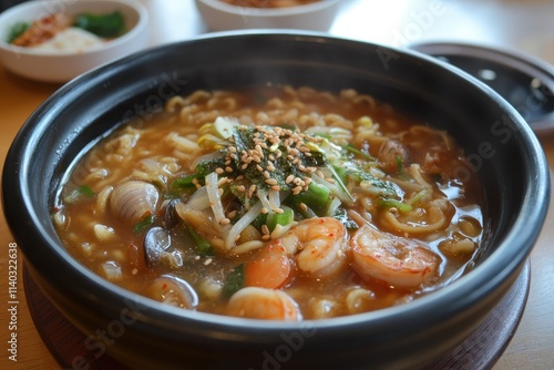 Korean noodle soup with shrimp and clam