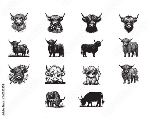 Collection of Cute Highland cattle Vector illustration - Highland Cow Clipart