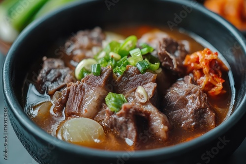 Korean oxtail stew served in a black bowl with kimchi and green onions photo