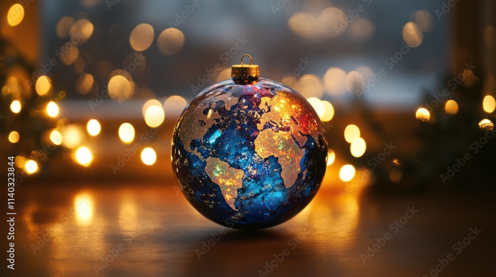 A sparkling Christmas globe ornament with a vibrant world map design, glowing warmly against a backdrop of twinkling holiday lights A sparkling Christmas globe ornament with a vibrant world map design, glowing warmly against a backdrop of twinkling holiday lights
