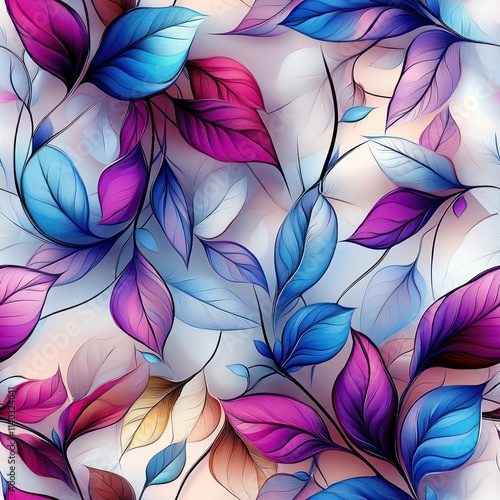Seamless purple abstract decorative flowers and leaves pattern