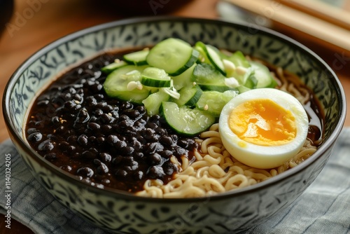 Korean style black bean noodles with cucumber and boiled egg Jajangmyeon