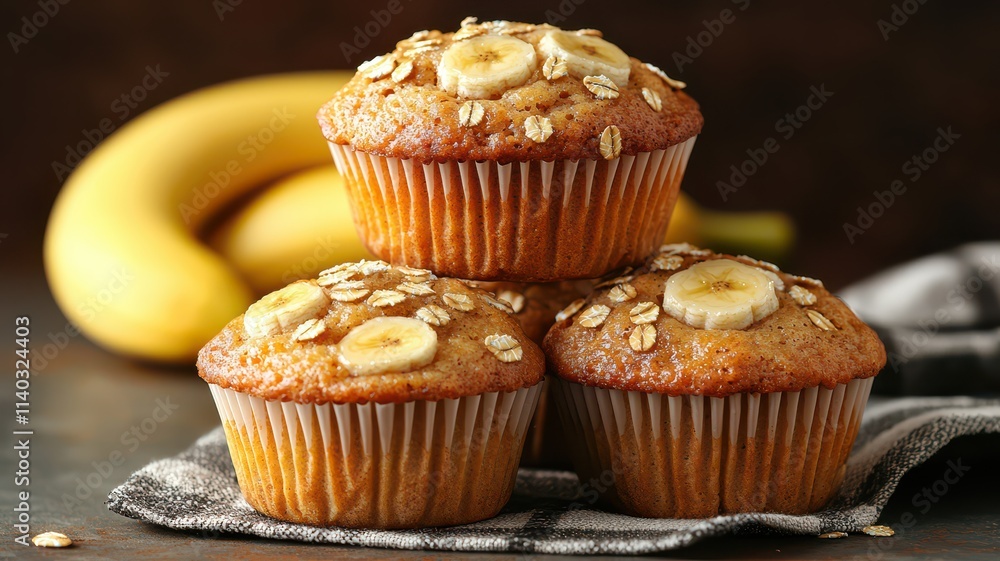 Three delicious banana muffins topped with oats, with a ripe banana in the background, creating a warm, inviting dessert scene. Three delicious banana muffins topped with oats, with a ripe banana in the background, creating a warm, inviting dessert scene.