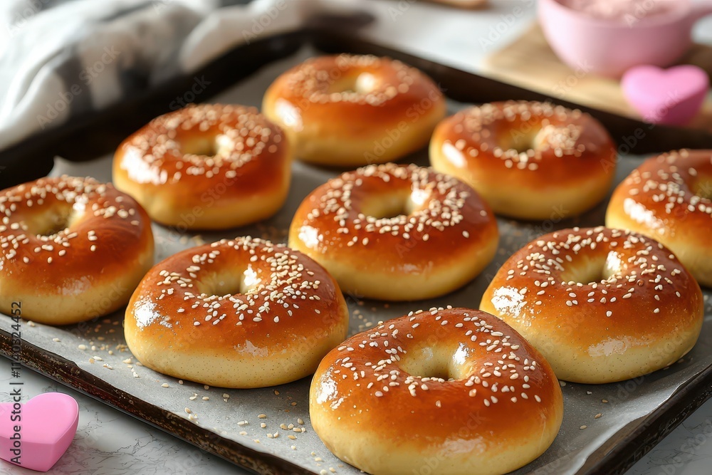 Freshly baked, golden-brown donuts topped with sesame seeds, arranged neatly on a tray, perfect for a sweet treat or dessert. Freshly baked, golden-brown donuts topped with sesame seeds, arranged neatly on a tray, perfect for a sweet treat or dessert.