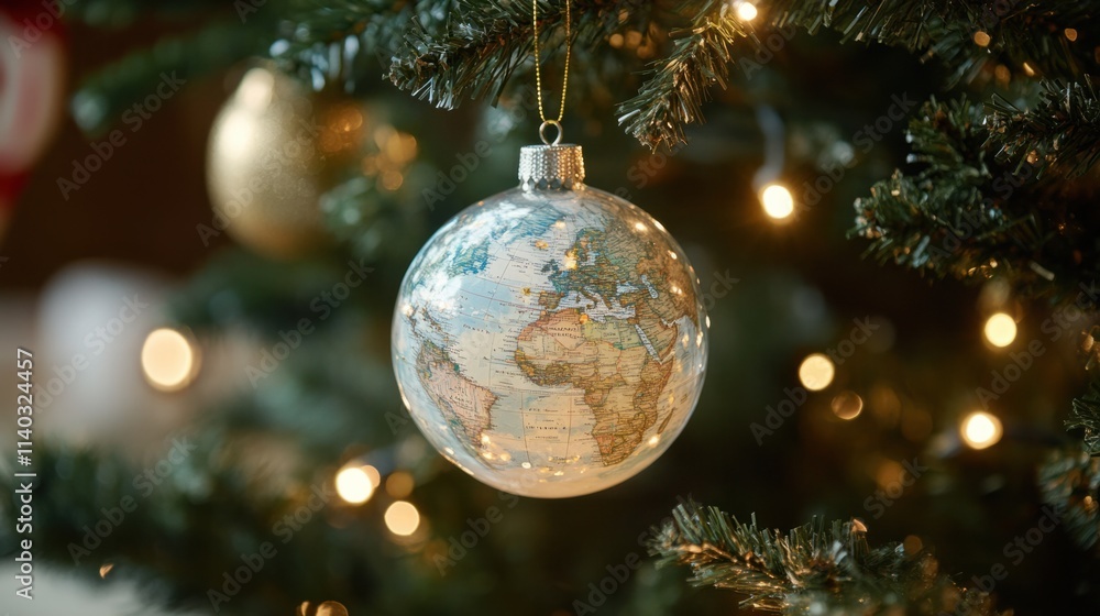 A sparkling globe ornament featuring a world map design, glowing softly as it hangs on a Christmas tree with twinkling lights A sparkling globe ornament featuring a world map design, glowing softly as it hangs on a Christmas tree with twinkling lights