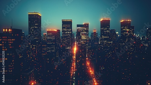 A vibrant city skyline at dusk, illuminated by lights and a fading sunset.