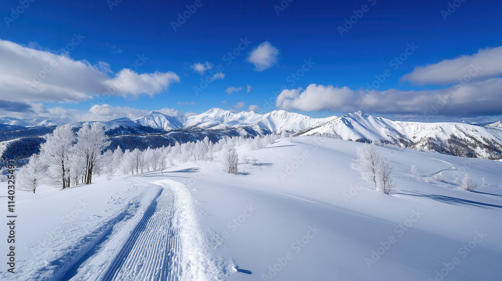 snowy mountain landscape with clear blue skies, snow covered trees, and winding trail creating serene winter scene snowy mountain landscape with clear blue skies, snow covered trees, and winding trail creating serene winter scene
