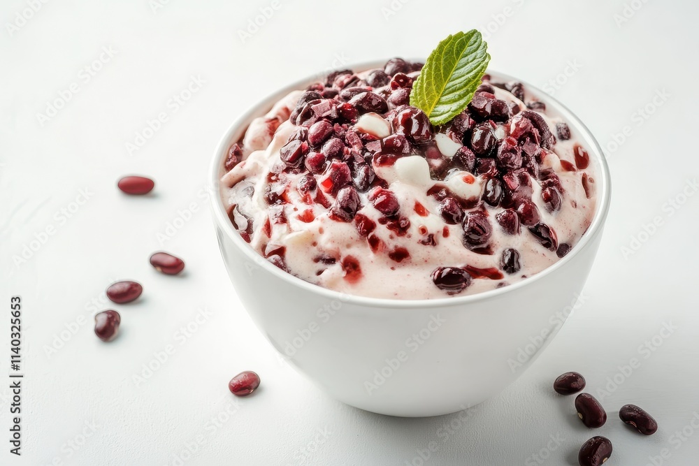 Korean style sweet dessert in a white cup bingsu with red beans and syrup on a white backdrop Korean style sweet dessert in a white cup bingsu with red beans and syrup on a white backdrop
