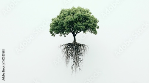 A solitary tree with visible roots, symbolizing growth and connection to nature.