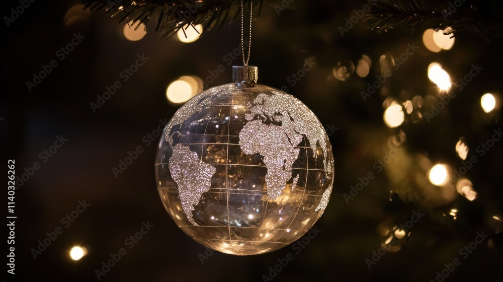 A sparkling world globe ornament with a silver map design, glowing brightly as it hangs on a holiday tree with twinkling lights A sparkling world globe ornament with a silver map design, glowing brightly as it hangs on a holiday tree with twinkling lights