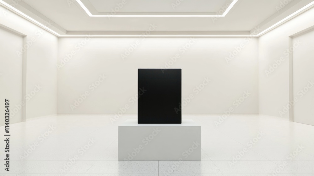 A minimalist art installation featuring a black cube on a pedestal in a white gallery space. A minimalist art installation featuring a black cube on a pedestal in a white gallery space.