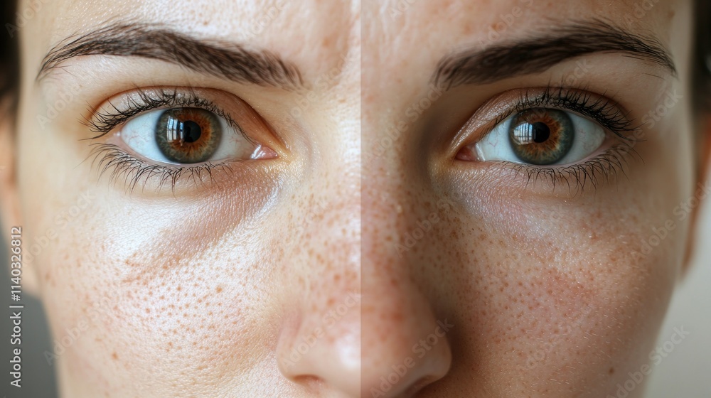 Fototapeta premium close-up girl with hyperhidrosis on her face and excessive oily sheen with enlarged pores and nevus. before and after treatment 