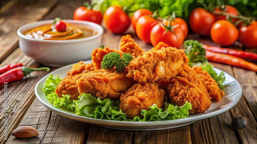 Fototapeta premium Crispy Fried Chicken with Fresh Salad - Delicious Recipe Image, Food Photography, Wooden Table, Rule of Thirds