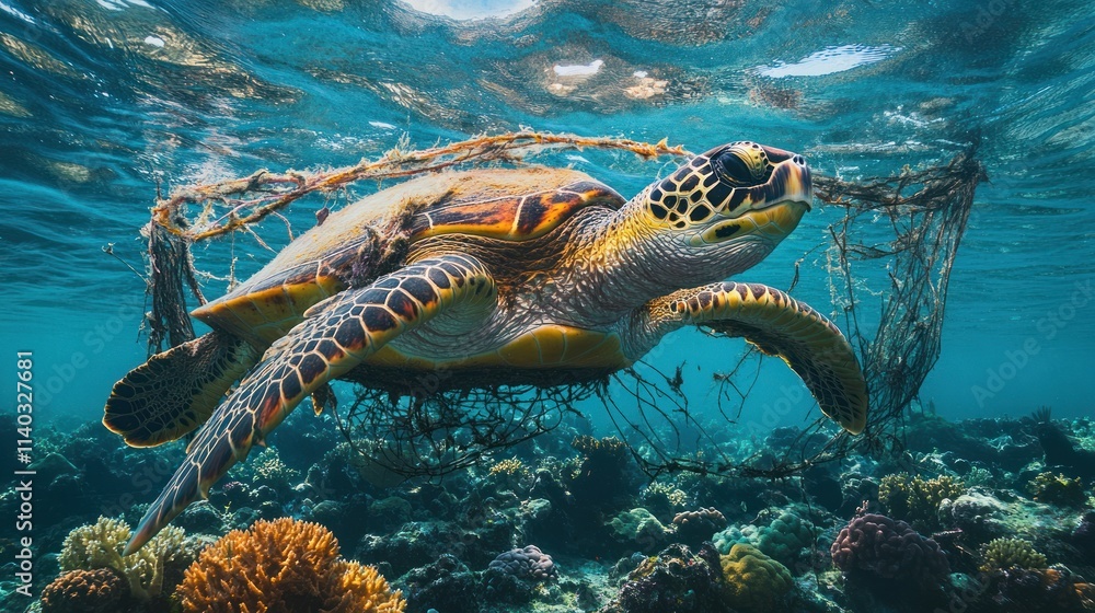 Naklejka premium A sea turtle swims through ocean debris, highlighting marine pollution issues.