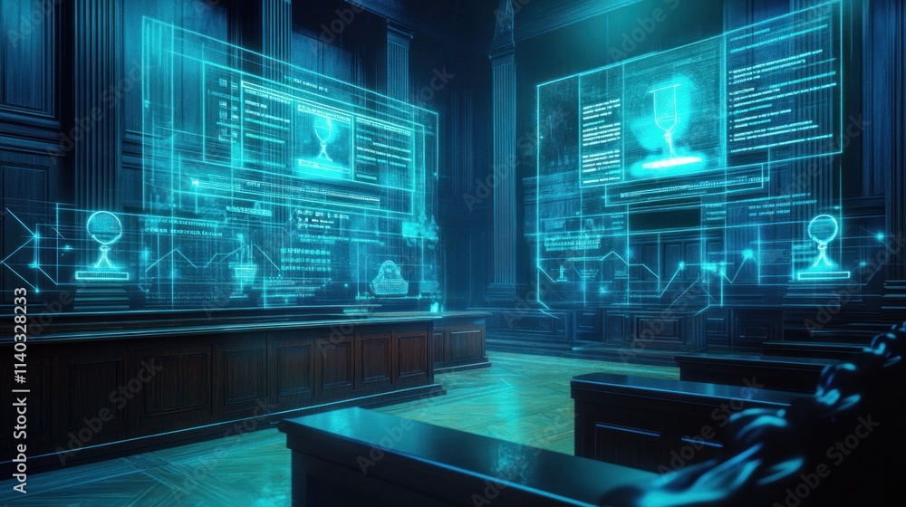 A futuristic courtroom with holographic displays and data projections. A futuristic courtroom with holographic displays and data projections.