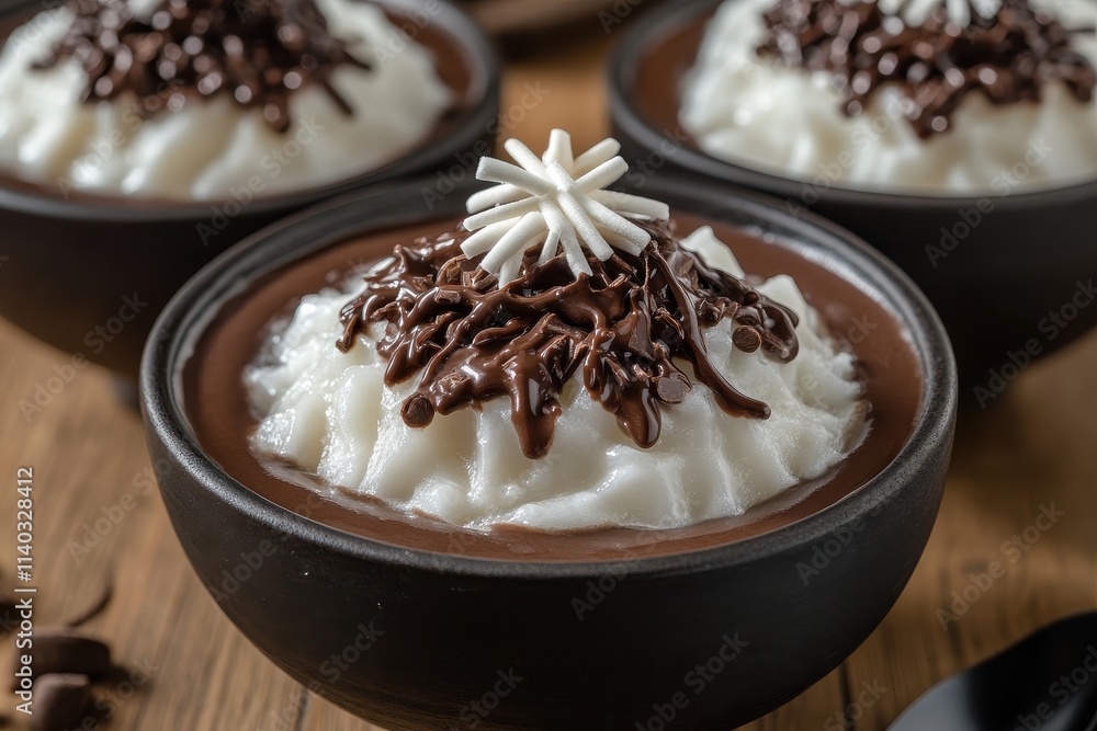 Korean treat chocolate bingsu with fresh milk on a wooden table