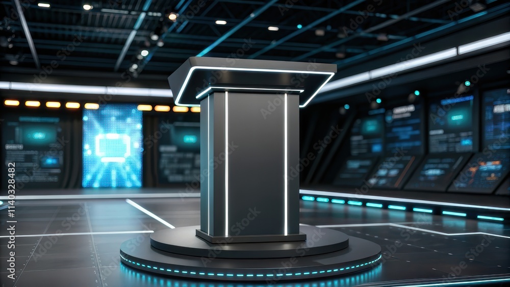 Neon futuristic concept, Modern podium in a tech-inspired setting Neon futuristic concept, Modern podium in a tech-inspired setting