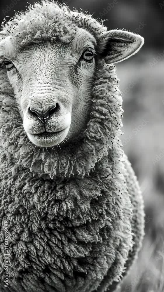 Sheep standing in a grassy field, showcasing its thick wool coat and expressive features during a calm afternoon Sheep standing in a grassy field, showcasing its thick wool coat and expressive features during a calm afternoon
