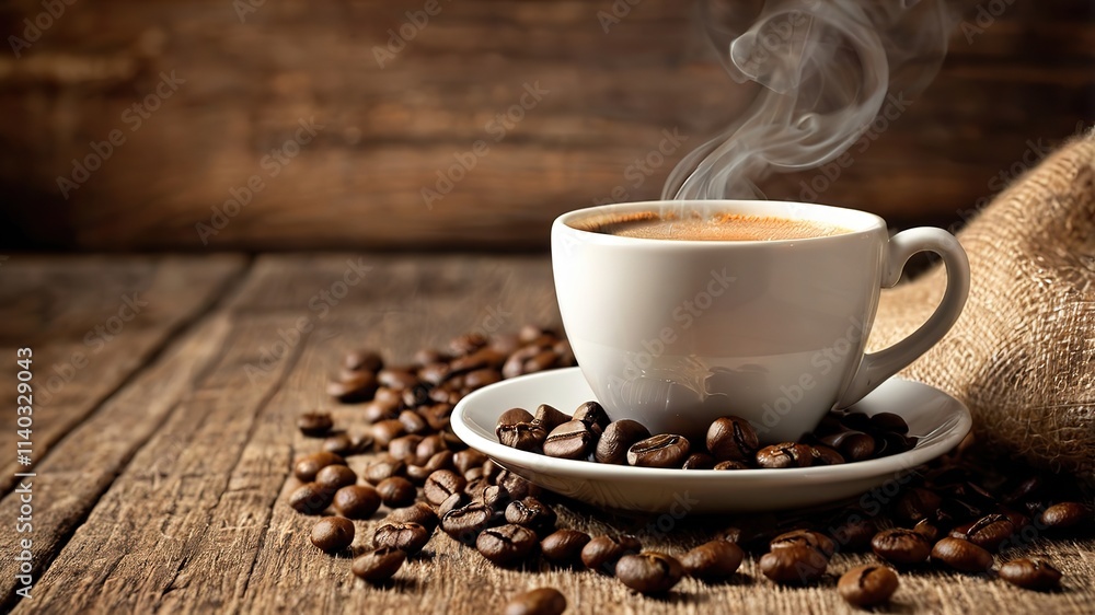 Cup of coffee with heart shape smoke and coffee beans on burlap sack on old wooden background, 8k Resolution Cup of coffee with heart shape smoke and coffee beans on burlap sack on old wooden background, 8k Resolution