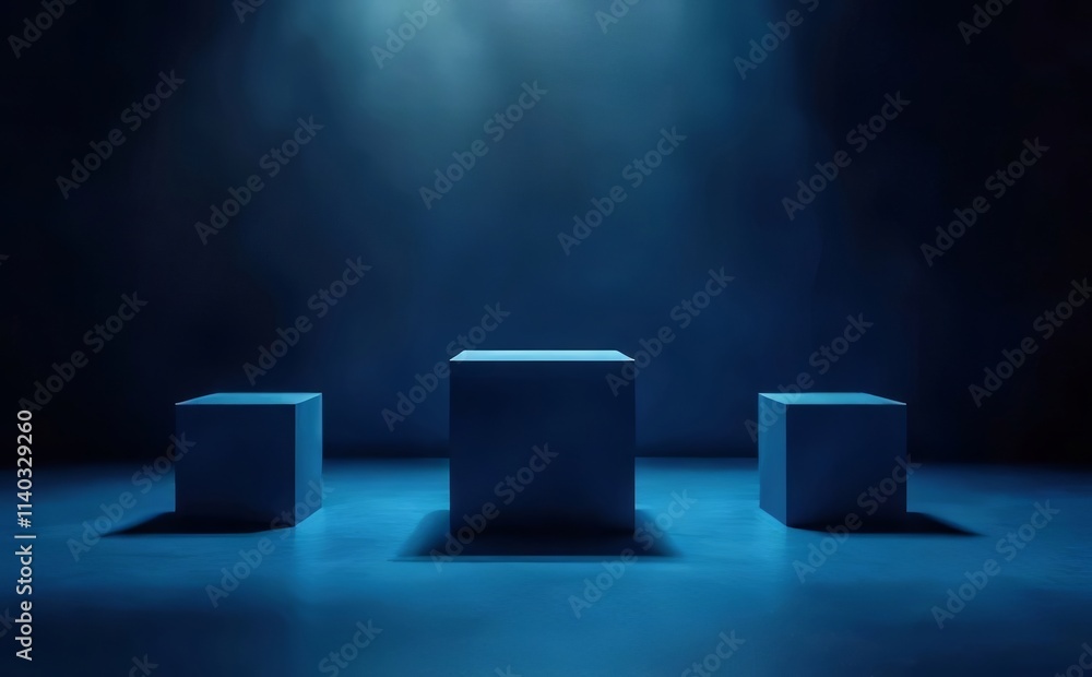 Three dark blue cubes on a dark blue floor, lit by a blue spotlight. Three dark blue cubes on a dark blue floor, lit by a blue spotlight.