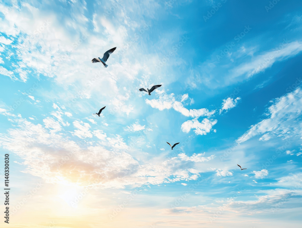 Fototapeta premium Birds soaring gracefully in a bright blue sky over scenic landscape capturing adventure and freedom