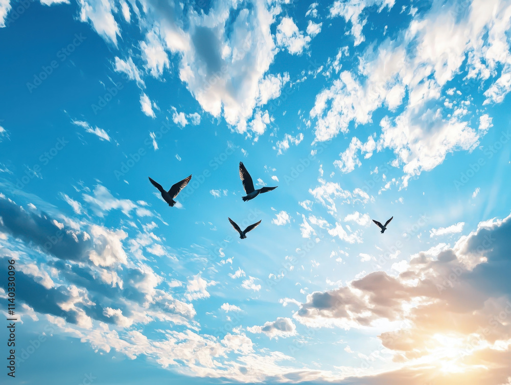 Fototapeta premium Birds soaring in a bright blue sky nature scene adventure concept outdoor environment inspirational viewpoint
