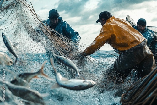 Fishermen in rain gear struggle to pull in a fishing net filled with silver fish as waves crash around them on a cloudy day. Generative AI photo