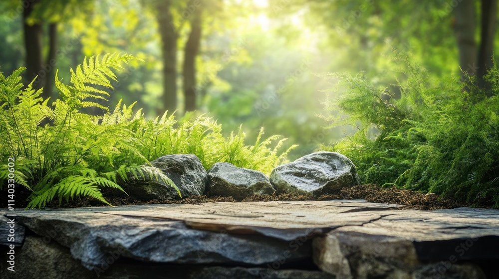 A serene forest scene with ferns and stones, illuminated by soft sunlight. A serene forest scene with ferns and stones, illuminated by soft sunlight.