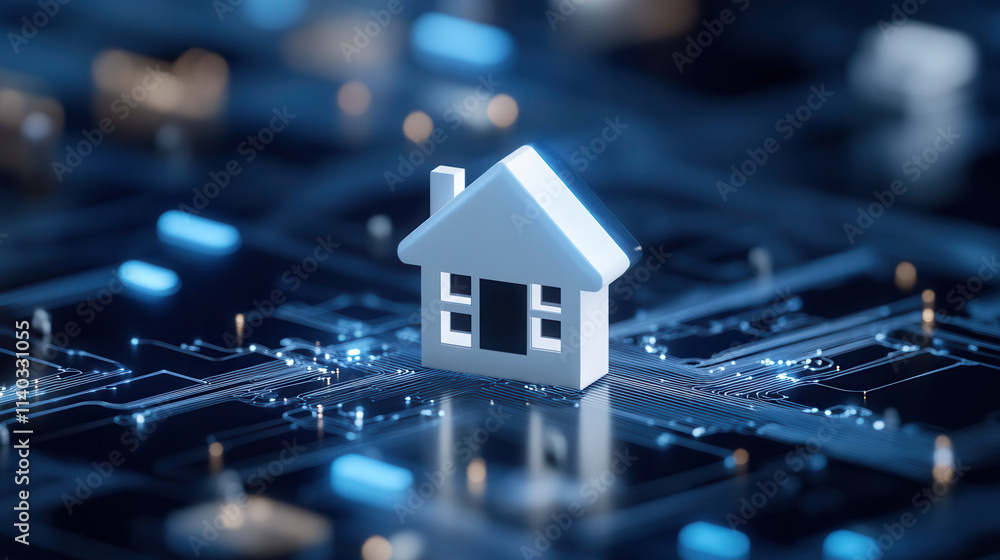 digital house model on futuristic circuit board symbolizes smart home technology and innovation digital house model on futuristic circuit board symbolizes smart home technology and innovation
